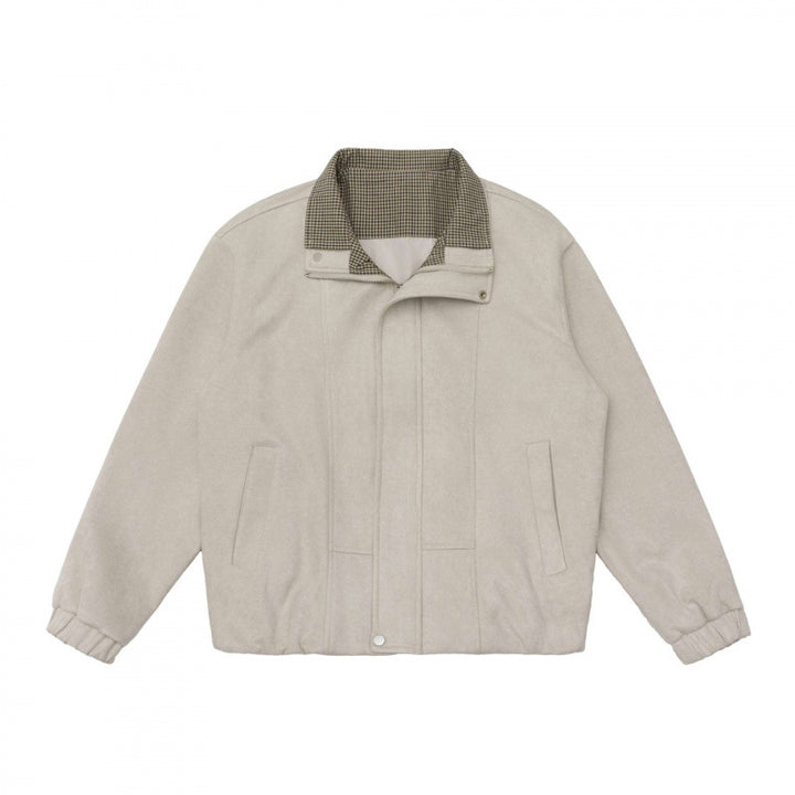 Men's short cut padded blend jacket with stand-up collar, hidden snap button placket, and checkered lined collar Mune Fashion