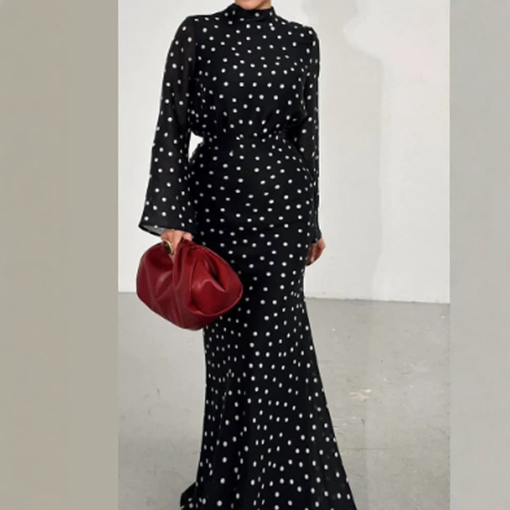 Women's maxi dress with waist-accentuating mermaid silhouette and polka dot print Mune Fashion