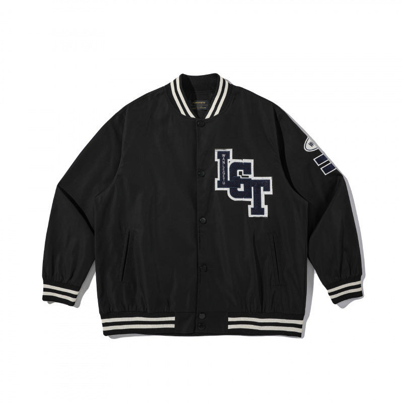 Unisex College Bomber Jacket with quilted patch, striped ribbed hems and snap button placket Mune Fashion