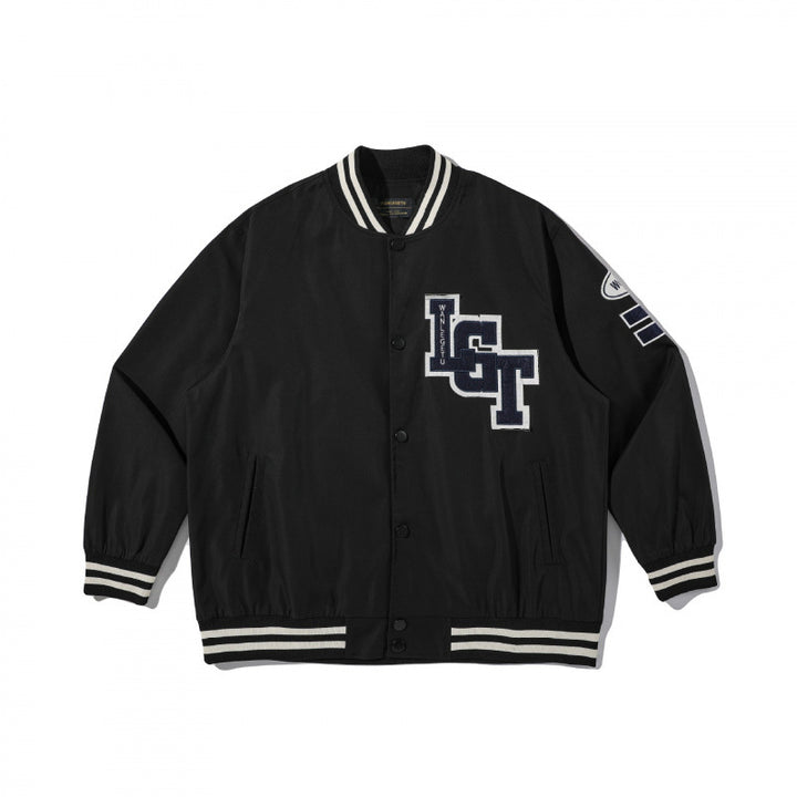 Unisex College Bomber Jacket with quilted patch, striped ribbed hems and snap button placket Mune Fashion