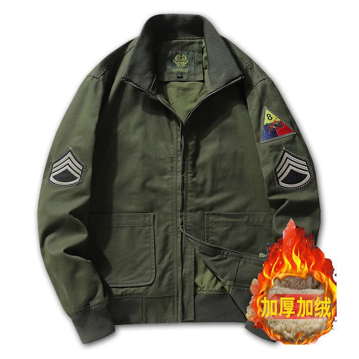 Men's canvas bomber jacket in worker blouson style with badge patches and ribbed collar Mune Fashion