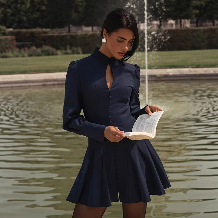 Women's Tailored Skater Mini Dress with Stand Collar, Button Placket and Keyhole Detail Mune Fashion