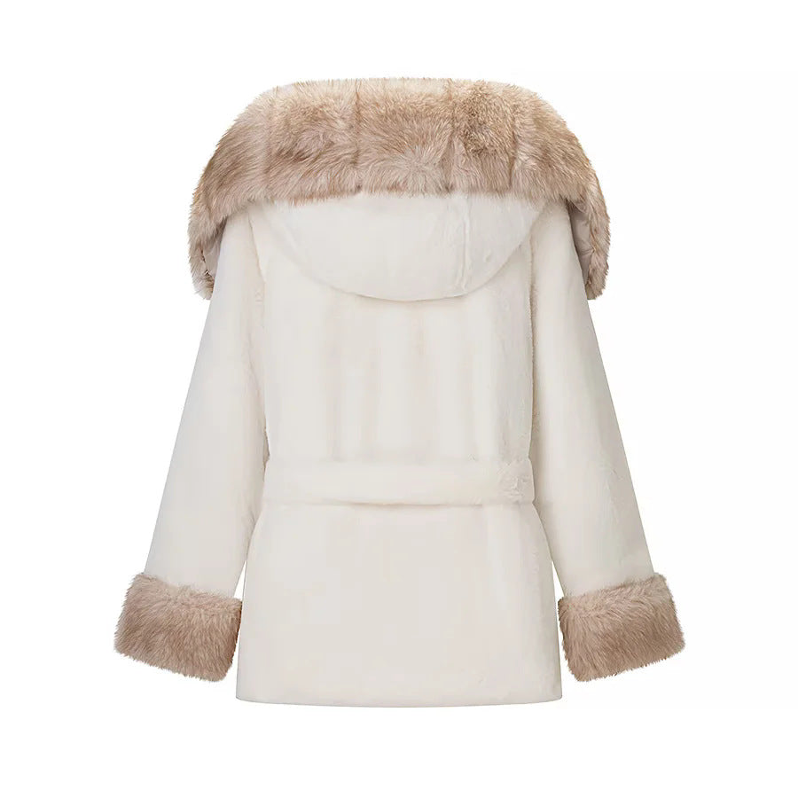 Women's cozy faux fur coat jacket with hood, waist belt and contrast lining Mune Fashion