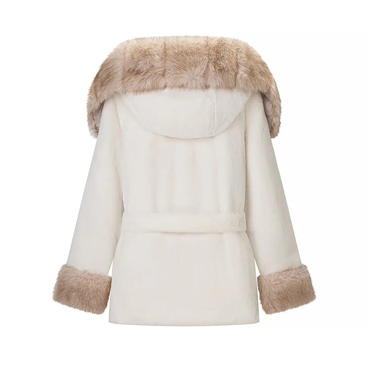Women's cozy faux fur coat jacket with hood, waist belt and contrast lining Mune Fashion
