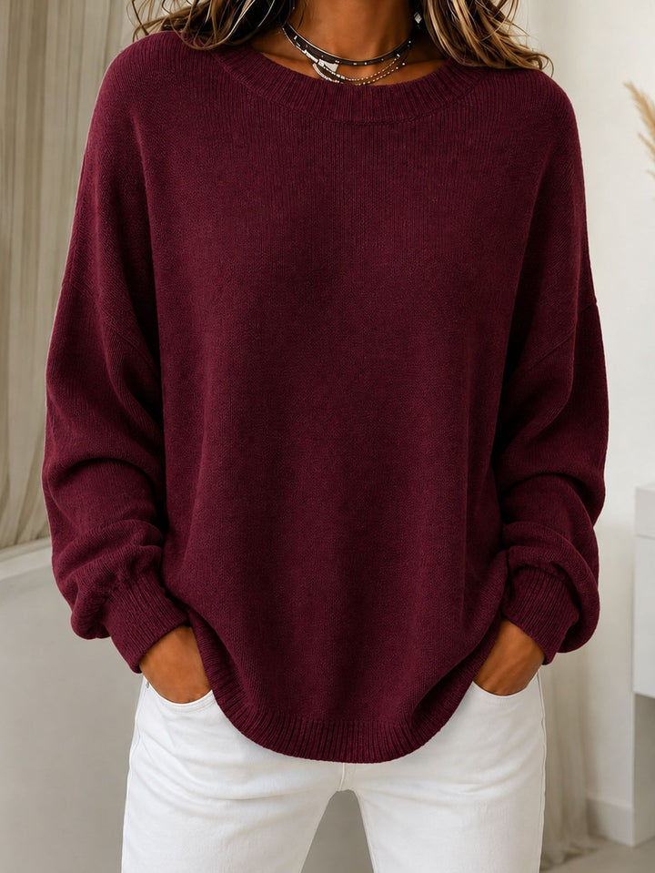 Women Light Cashmere-Touch Sweater with Round Neck, Dropped Shoulder and Ribbed Cuffs Mune Fashion