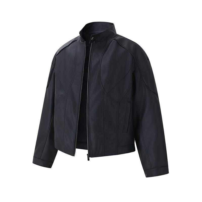 Men's Short Boxy Mock-Leather Jacket with Geometric Seam Design Mune Fashion
