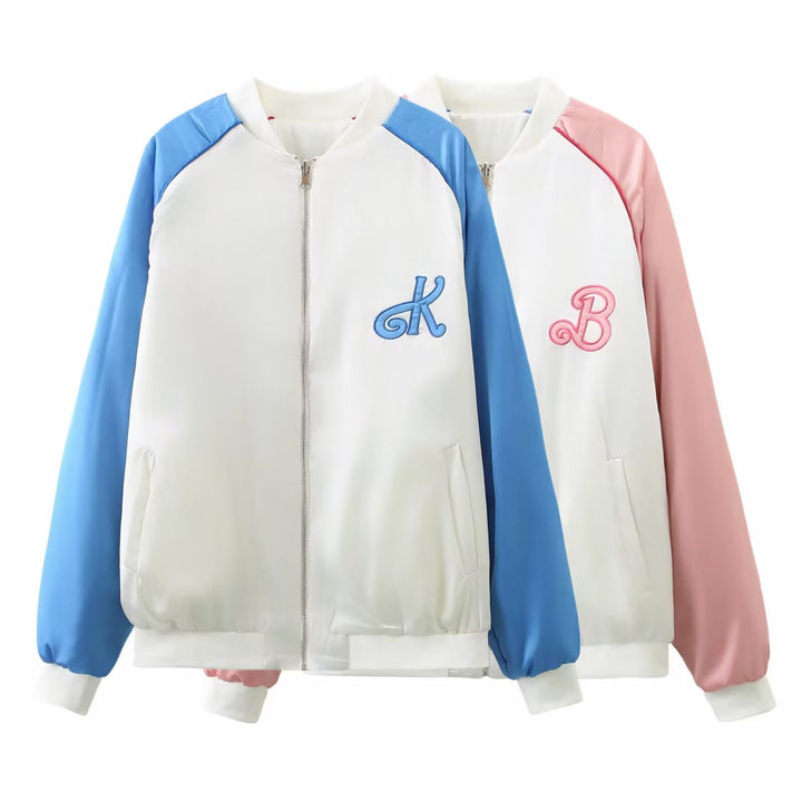 Ladies College Bomber Jacket with Contrast Sleeves and Embroidered Monogram Mune Fashion