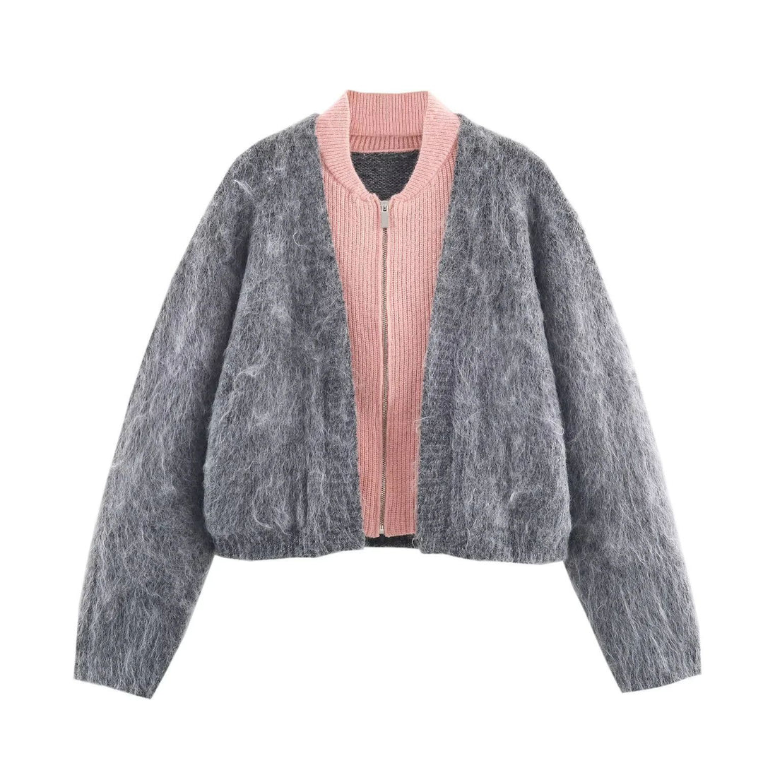 Women's cozy mohair-look cardigan with integrated zip inner jacket and bomber collar Mune Fashion
