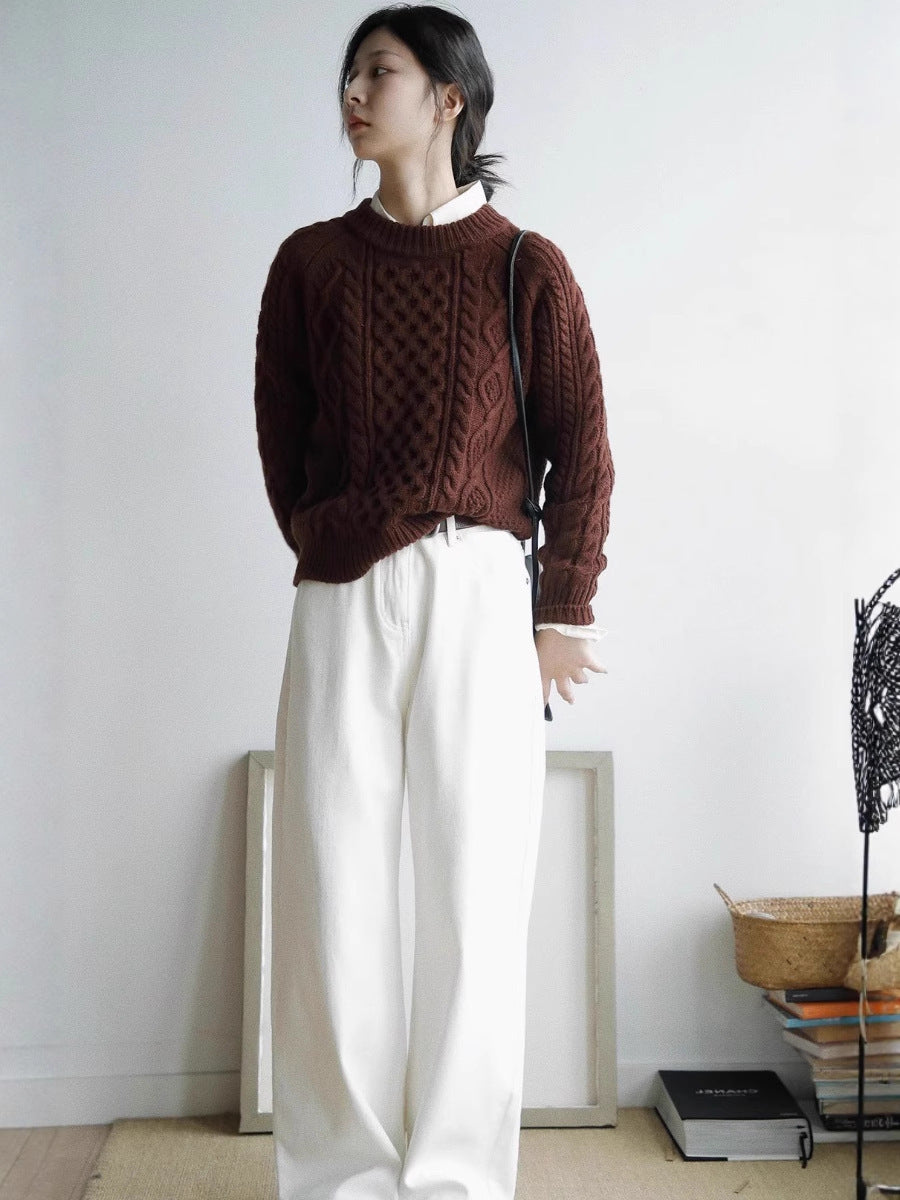 Women's Structured Cable Knit Sweater Made of Merino Blend with Ribbed Finishes and Boxy Fit Mune Fashion