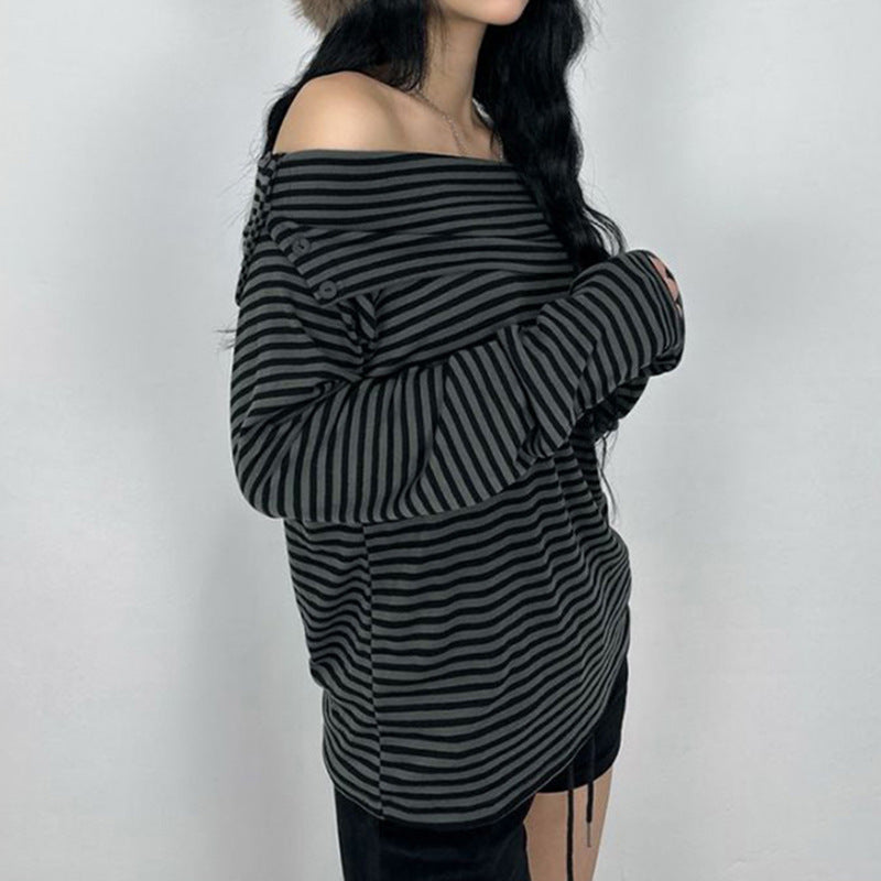 Women's off-the-shoulder long-sleeve shirt with Carmen neckline, tailored fit and fine stripe pattern Mune Fashion
