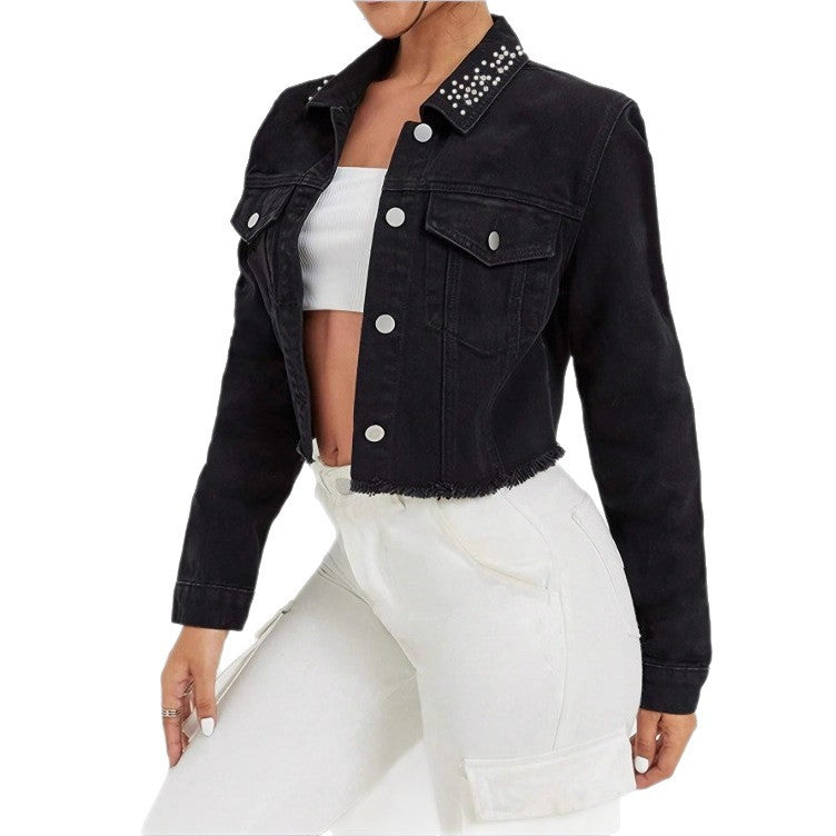 Women's Cropped Denim Jacket with Studded Collar, Frayed Hem and Flap Pockets Mune Fashion