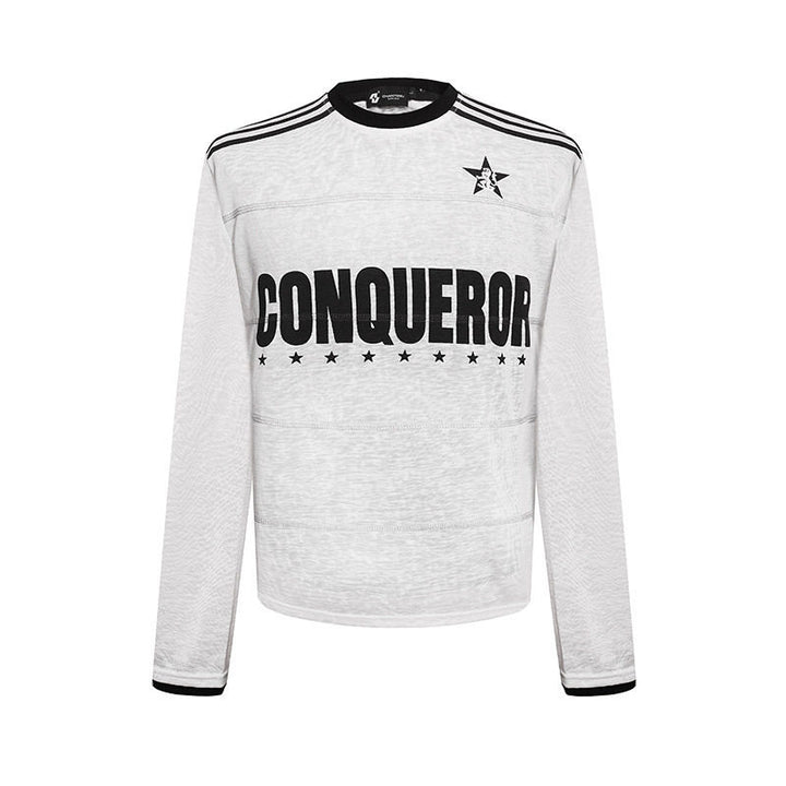Women's long sleeve shirt with statement print, sport stripes and textured slub look Mune Fashion