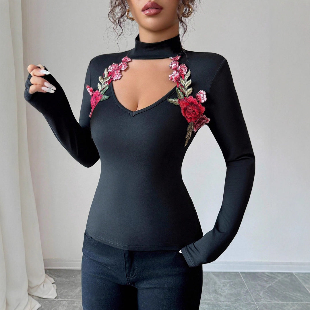 Women's tailored long-sleeve bodysuit with stand-up collar, V-neck, and floral embroidery applique Mune Fashion