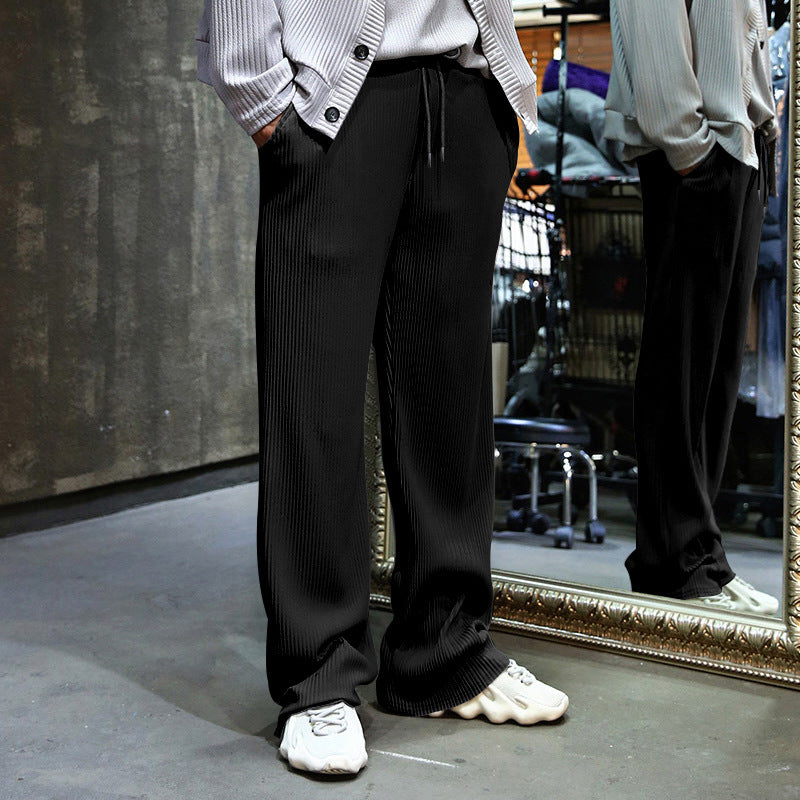 Men's Ribbed Wide Casual Pants with Drawstring Mune Fashion