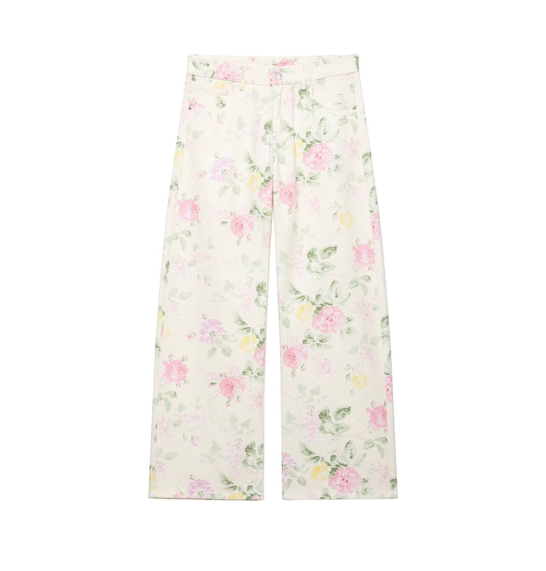 Women's High-waisted Wide Leg Jeans with Delicate Floral Pattern and Five-pocket Cut Mune Fashion