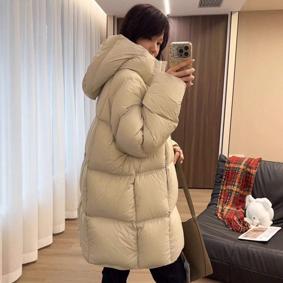 Women Long Padded Quilted Down Jacket with Hood and Oversized Cut Mune Fashion