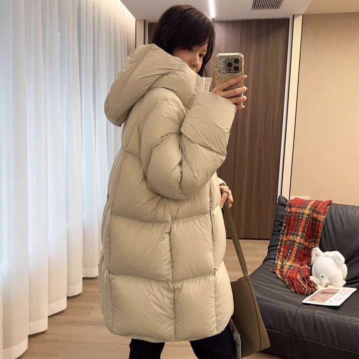 Women Long Padded Quilted Down Jacket with Hood and Oversized Cut Mune Fashion