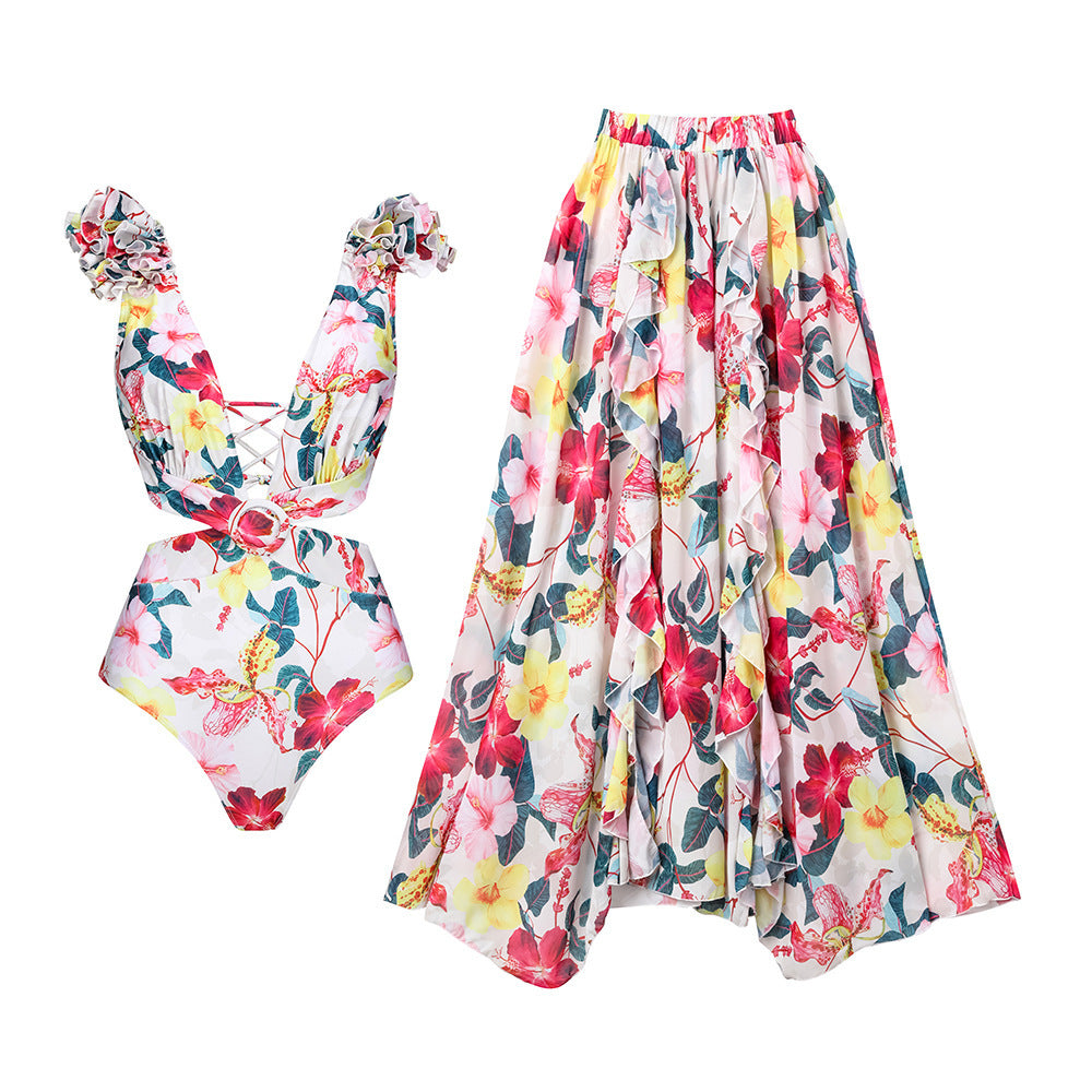 Women elegant floral swimsuit with wavy shoulder design Mune Fashion