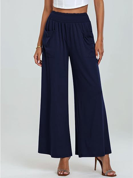 Women's Wide-Cut Palazzo Pants with Elastic Waistband and Practical Pockets Mune