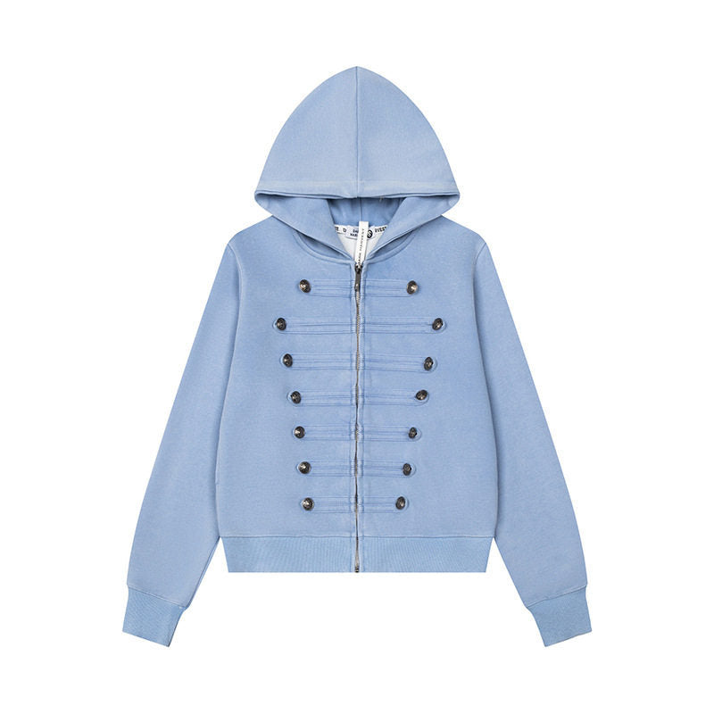 Women’s Hooded Sweat Jacket with Military Button Decoration and Full-Length Zipper Mune Fashion