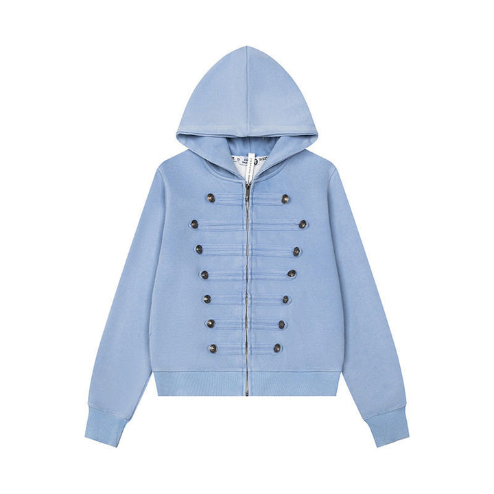 Women’s Hooded Sweat Jacket with Military Button Decoration and Full-Length Zipper Mune Fashion