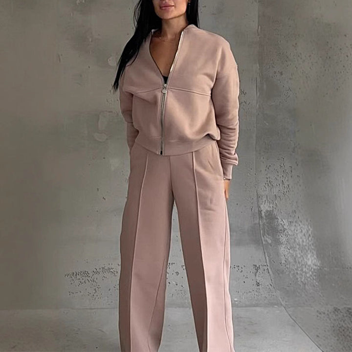 Women’s cropped bomber jacket with zipper and loose high-waist joggers set Mune Fashion