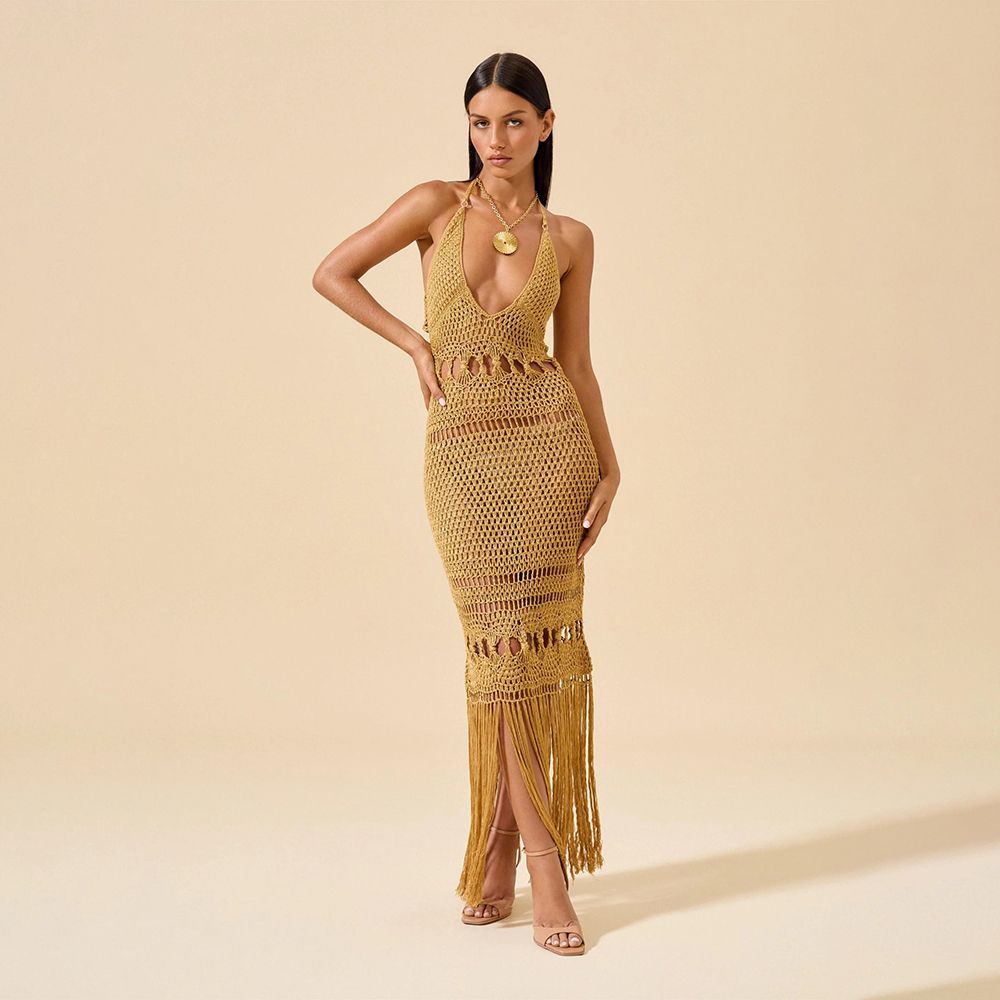 Women's Crochet Beach Dress with Deep V-Neck and Creative Cut-Out