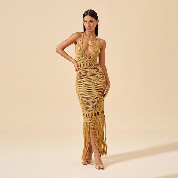 Women's Crochet Beach Dress with Deep V-Neck and Creative Cut-Out