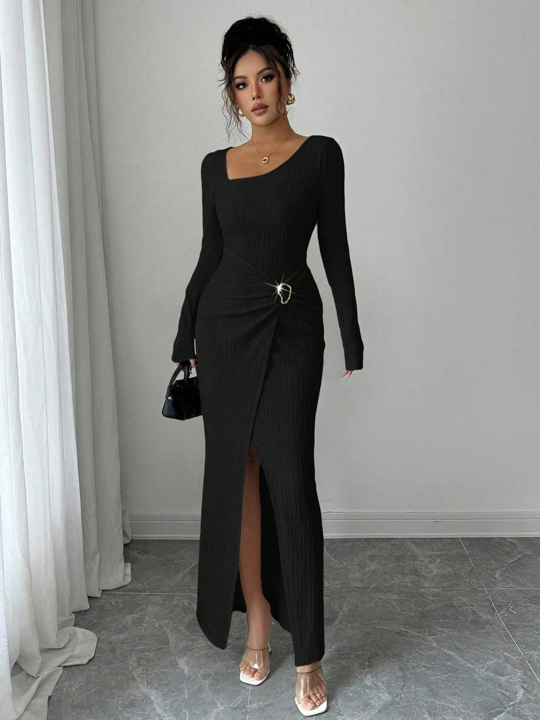 Women’s figure-hugging maxi dress made of ribbed knit with wrap detail and slit Mune Fashion