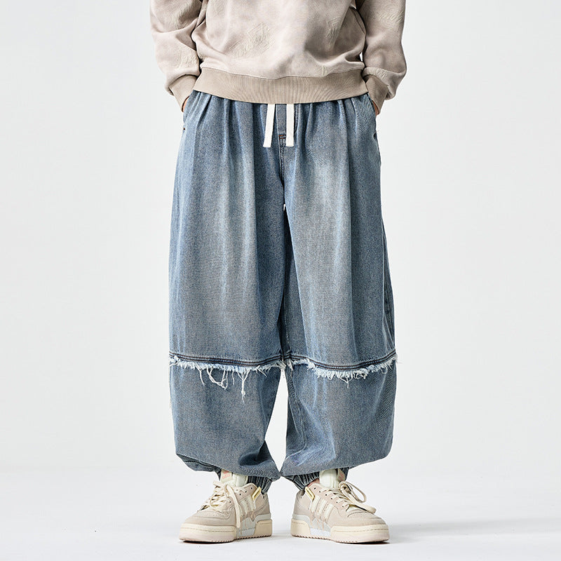 Men Wide-cut Baggy Denim Pants with Drawstring, Elastic Leg Openings and Fringed Detail Mune Fashion
