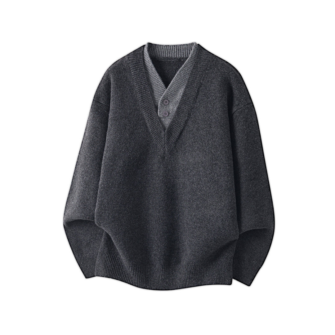 Women Oversize Knit Sweater with Deep V-Neck and Set-In Henley Placket Mune Fashion