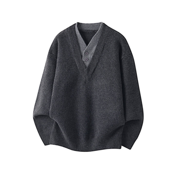 Women Oversize Knit Sweater with Deep V-Neck and Set-In Henley Placket Mune Fashion