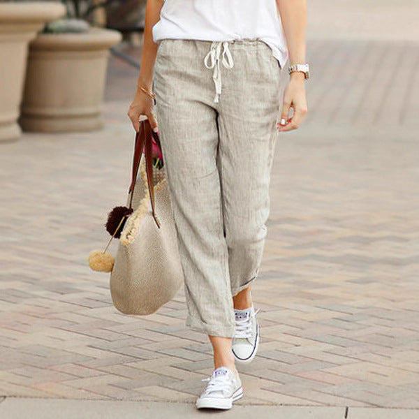 Women's lightweight linen blend pants with drawstring, loose culotte cut and ankle-length hem Mune Fashion