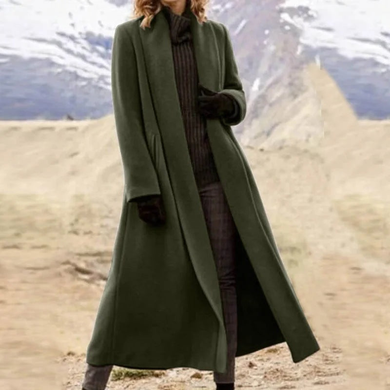 Women elegant long wool blend coat with open fall and side pockets Mune Fashion