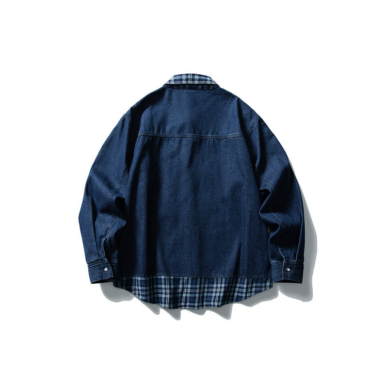 Men's Oversize Denim Jacket with Checked Lining, Casual Hem and Chest Pocket Mune Fashion