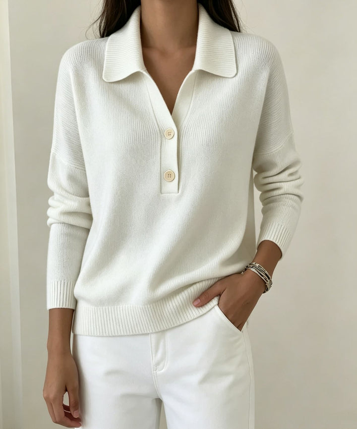 Women Polo Collar Sweater with Half Button Placket and Ribbed Hem Mune Fashion