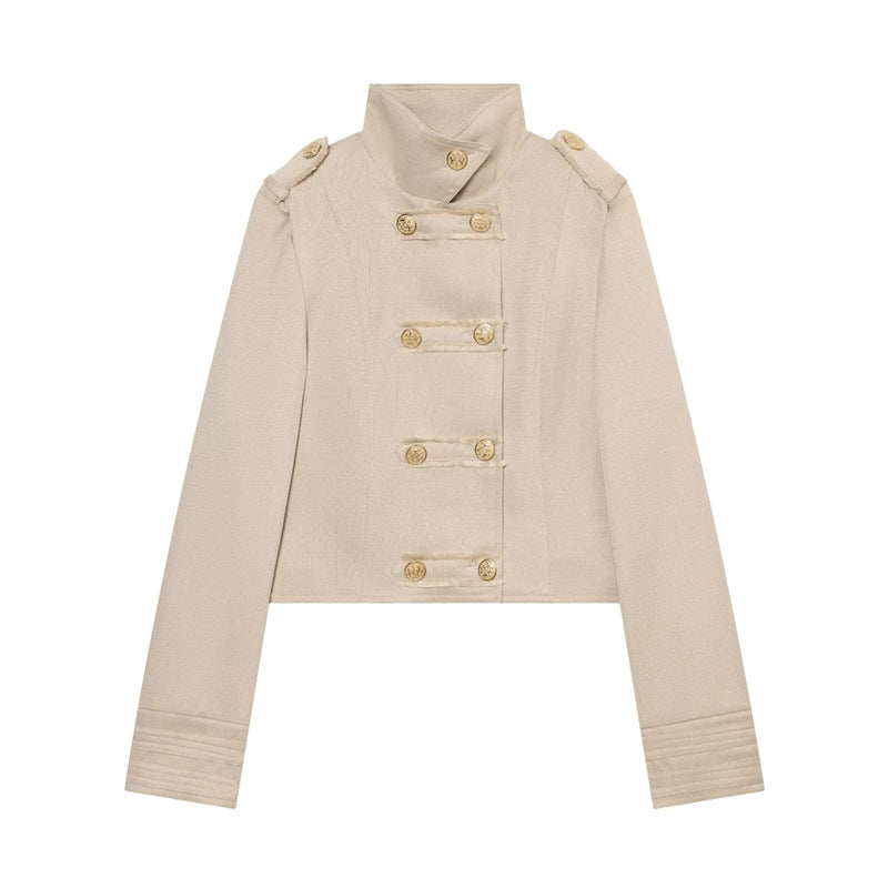 Women's Cropped Uniform Jacket in Military Style with Stand-up Collar and Decorative Button Placket Mune Fashion