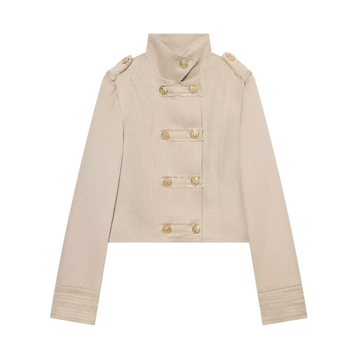 Women's Cropped Uniform Jacket in Military Style with Stand-up Collar and Decorative Button Placket Mune Fashion