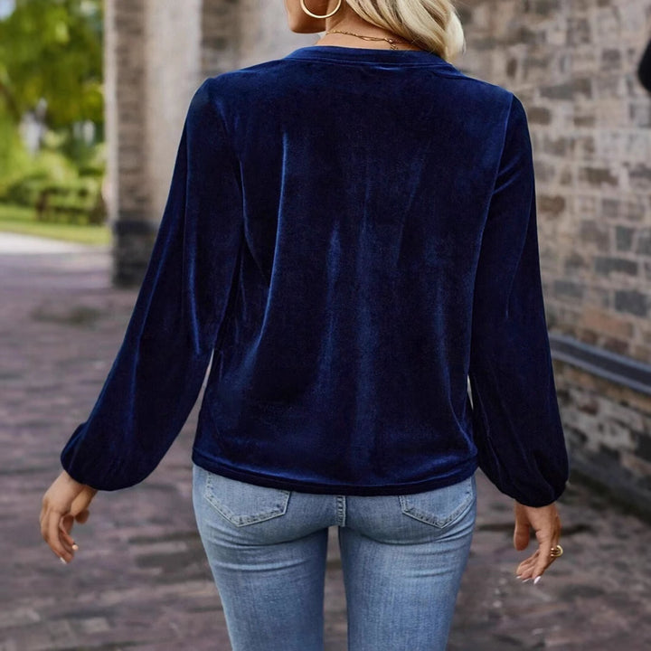 Women's velvet blouse with button Henley, gathered breast yoke and loose fit Mune Fashion