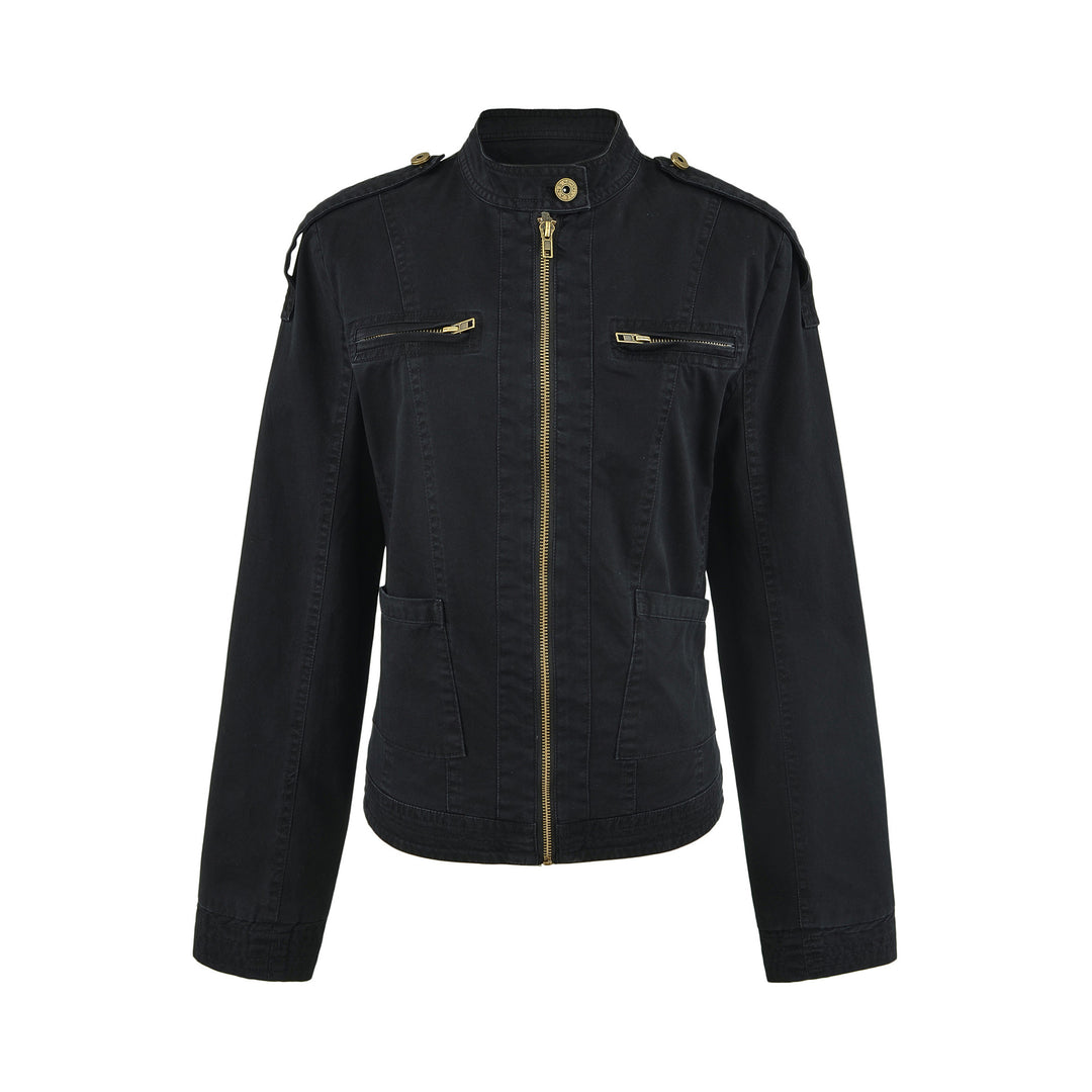 Women's field jacket with stand-up collar, shoulder flaps and golden zippers Mune Fashion