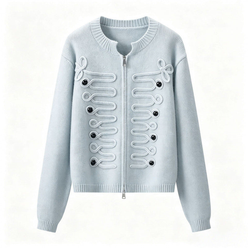 Women's short-cut knitted cardigan with decorative cord applications and two-way zipper Mune Fashion
