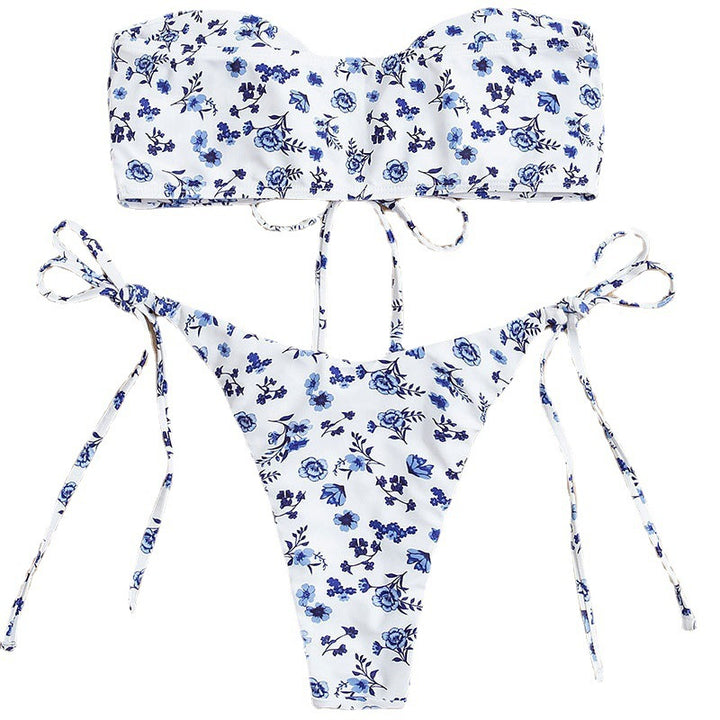 Women's bandeau bikini with romantic floral design and adjustable lacing details Mune Fashion