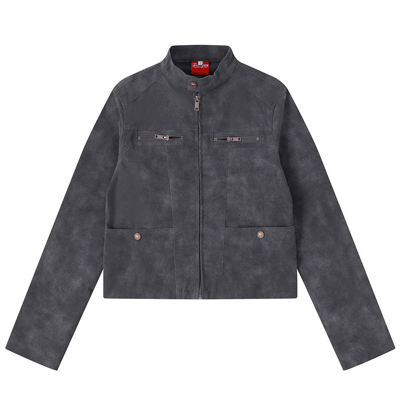 Women's short cut biker jacket in suede look with stand-up collar and chest zipper Mune Fashion