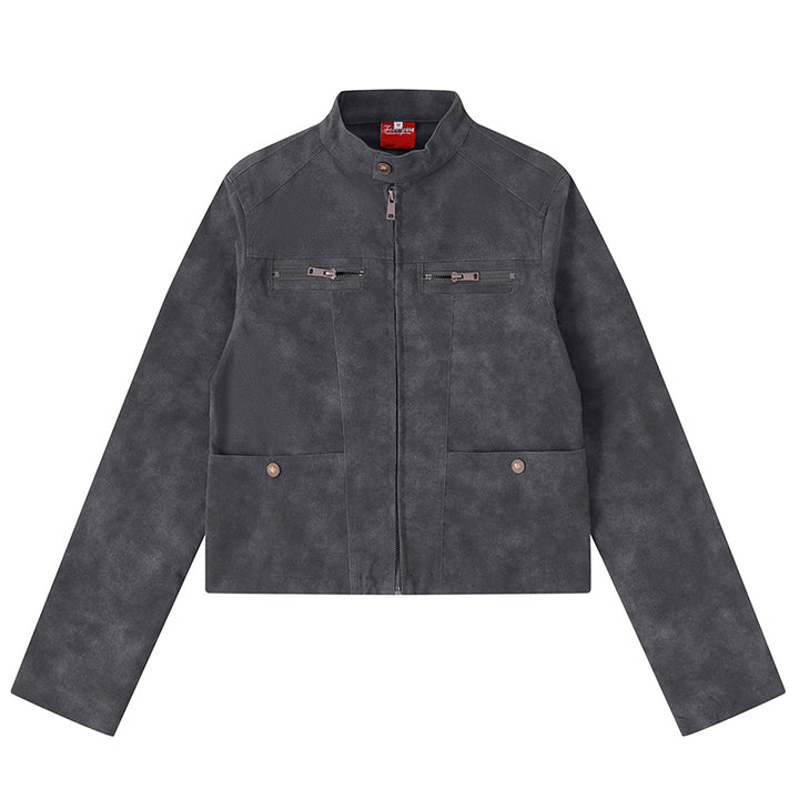 Women's short cut biker jacket in suede look with stand-up collar and chest zipper Mune Fashion