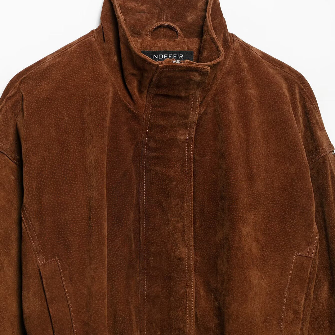 Women’s waist-hugging suede leather trench coat with stand-up collar and wide tie belt Mune Fashion