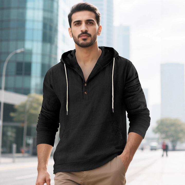 Men's Lightweight Hooded Henley Made of Cotton-Linen with Kangaroo Pocket Mune Fashion
