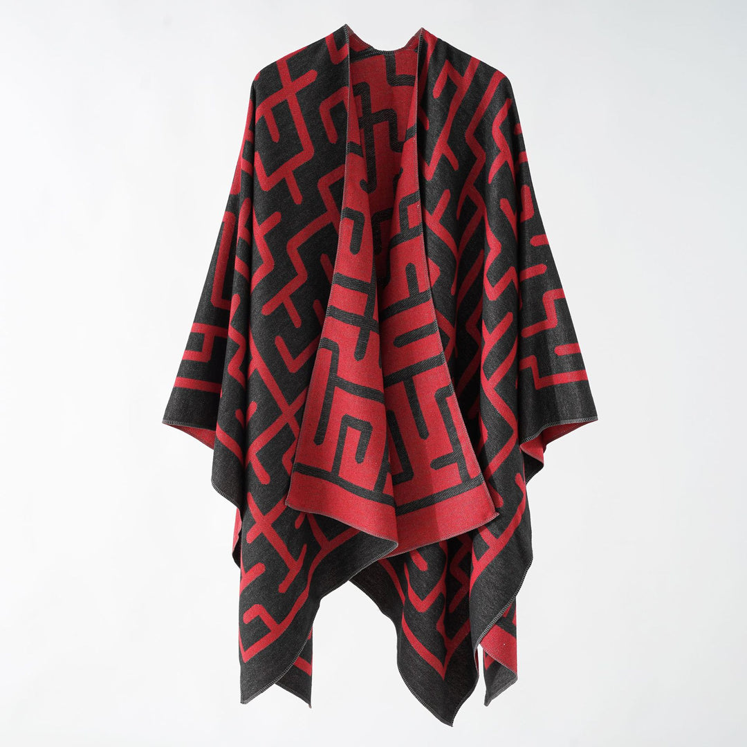 Women's Reversible Jacquard Ruana with Graphic Pattern and Asymmetrical Hem Mune Fashion