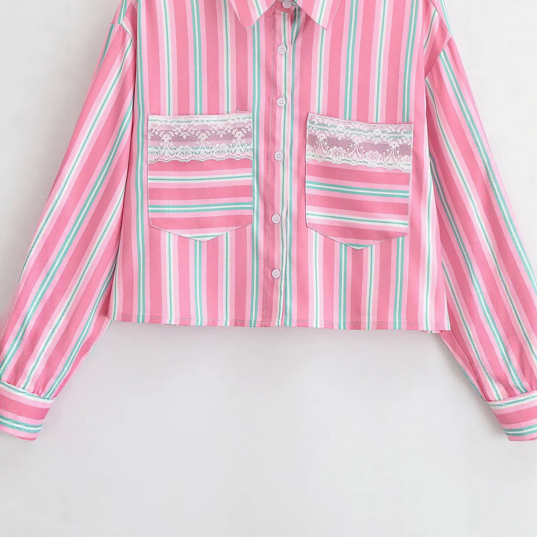 Women Cropped Shirt Blouse in Striped Look with Lace Trim and Patch Pockets Mune Fashion