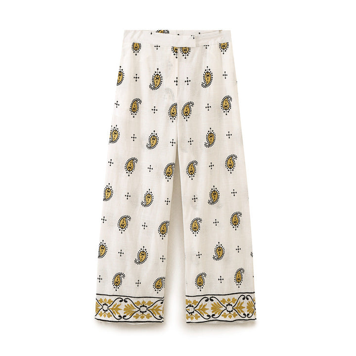 Women's wide Palazzo pants with paisley print and decorative border hem Mune Fashion