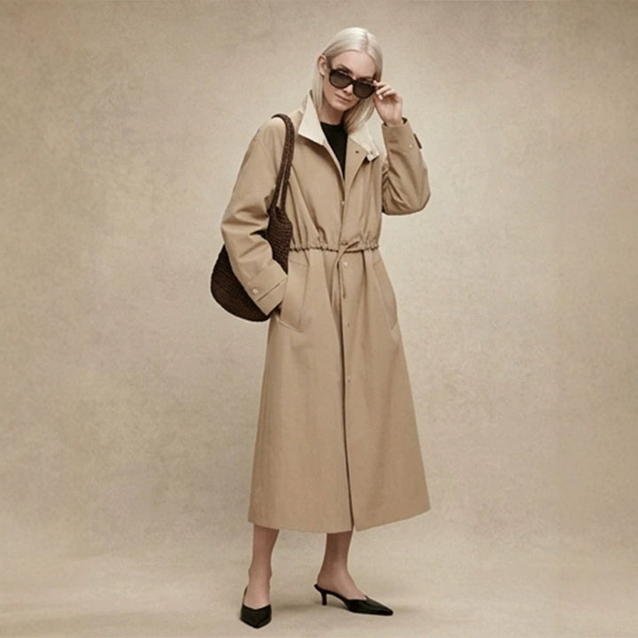 Women Tailored Coat in Trenchcoat Style with Drawstring Waist and Contrast Collar Mune Fashion
